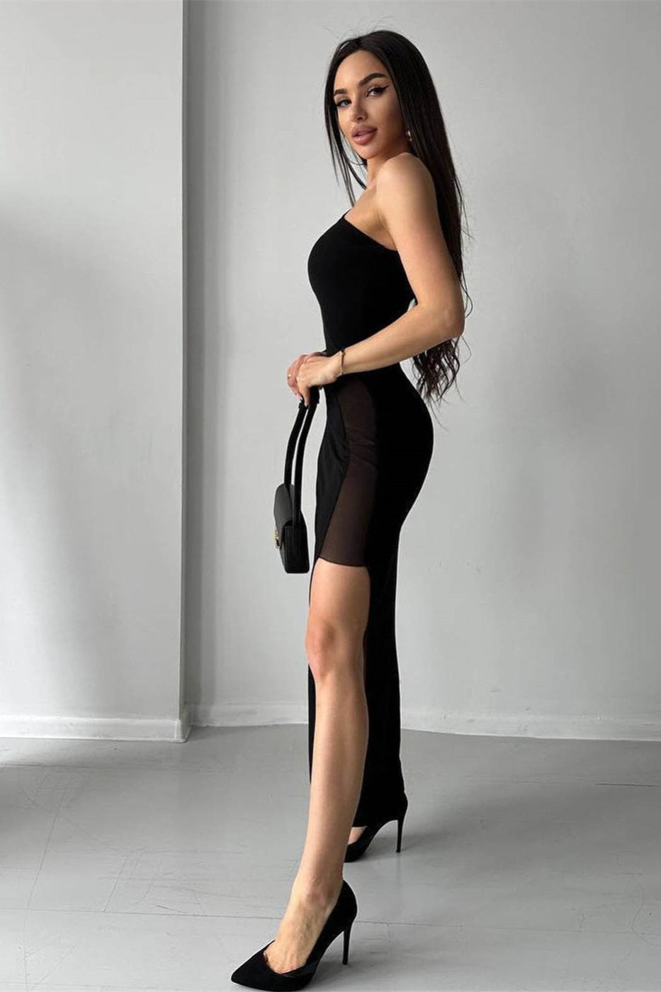One Asymmetrical Shoulder Mesh Midi Dress