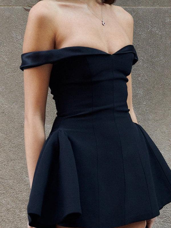Blue Navy French Off Shoulder Backless Pleated Mini Dress