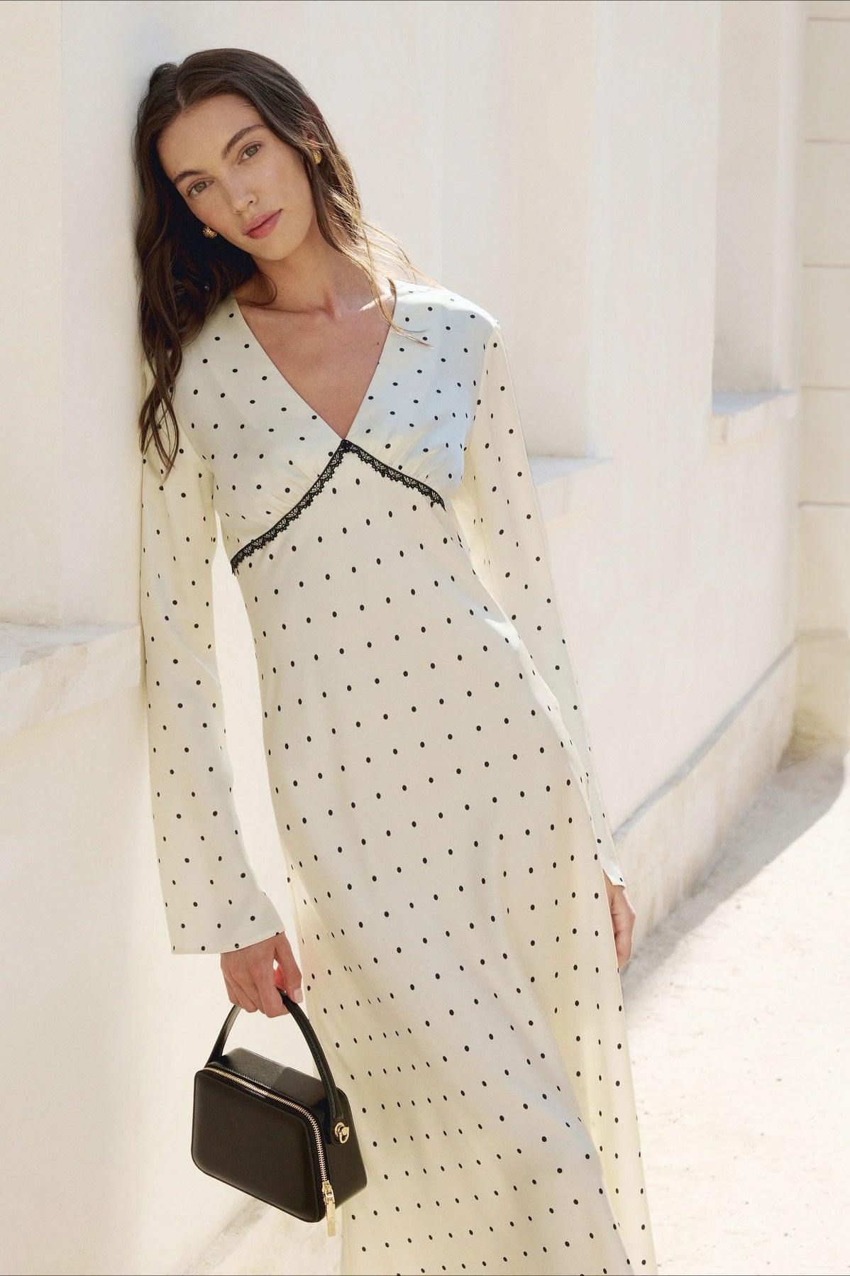 Polka Satin Dot V Neck A Line Midi Dress