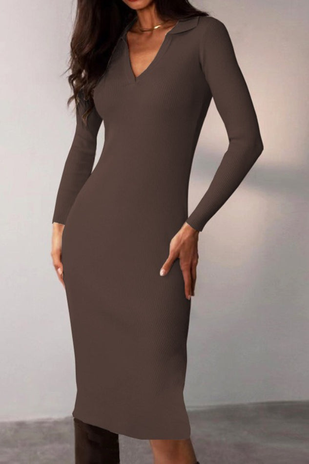 V Deep Collar Bodycon Midi Dress