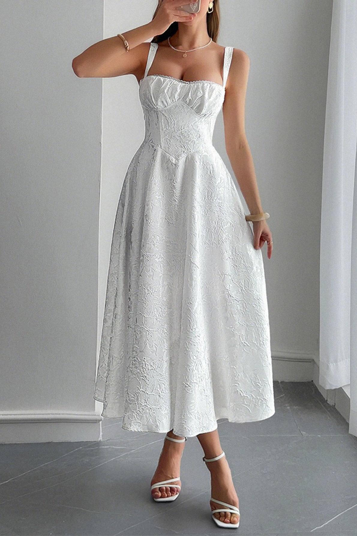 Refined Spaghetti Strap Jacquard Maxi Formal Dress