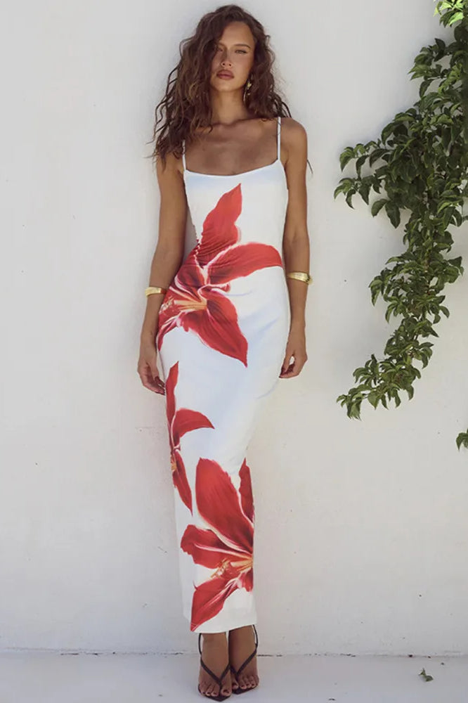Botanical Print Spaghetti Strap Midi Dress