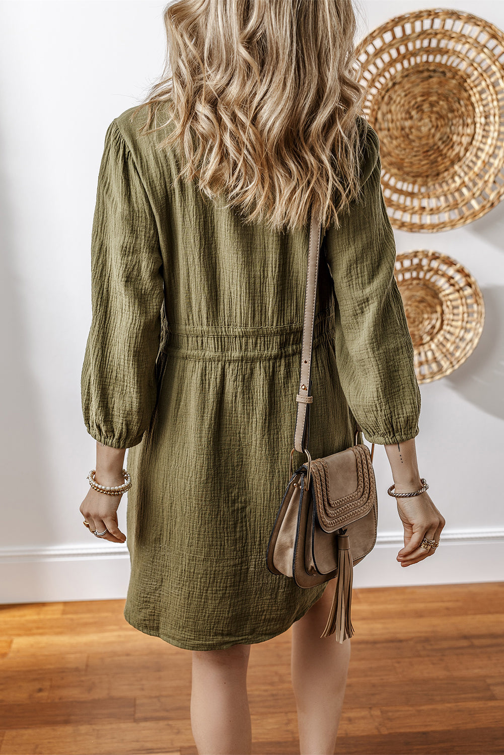 Green Jungle Textured Bracelet Sleeve Collared Button Up Dual Tied Mini Dress