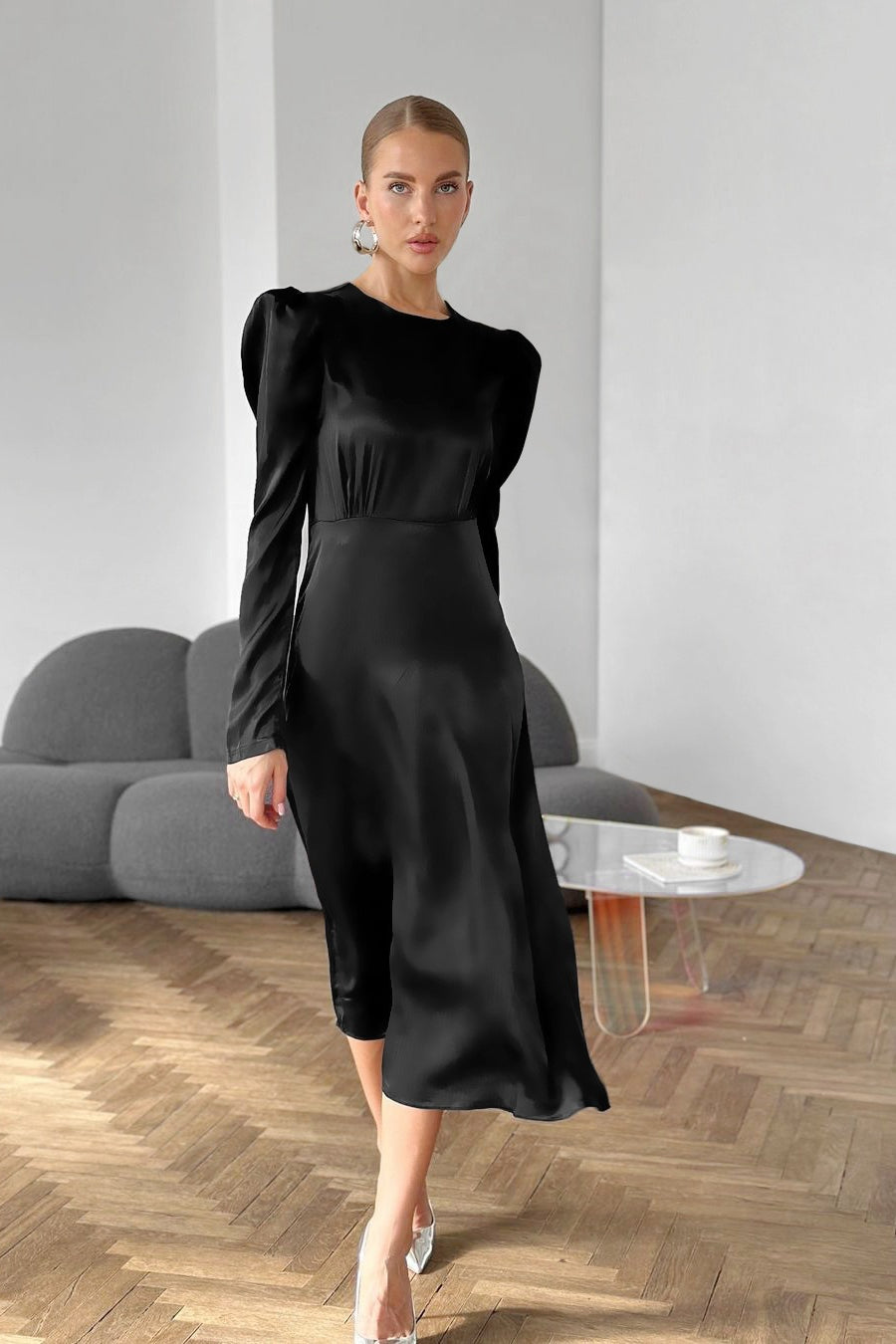 Satin Black Puff Sleeve Midi Dress