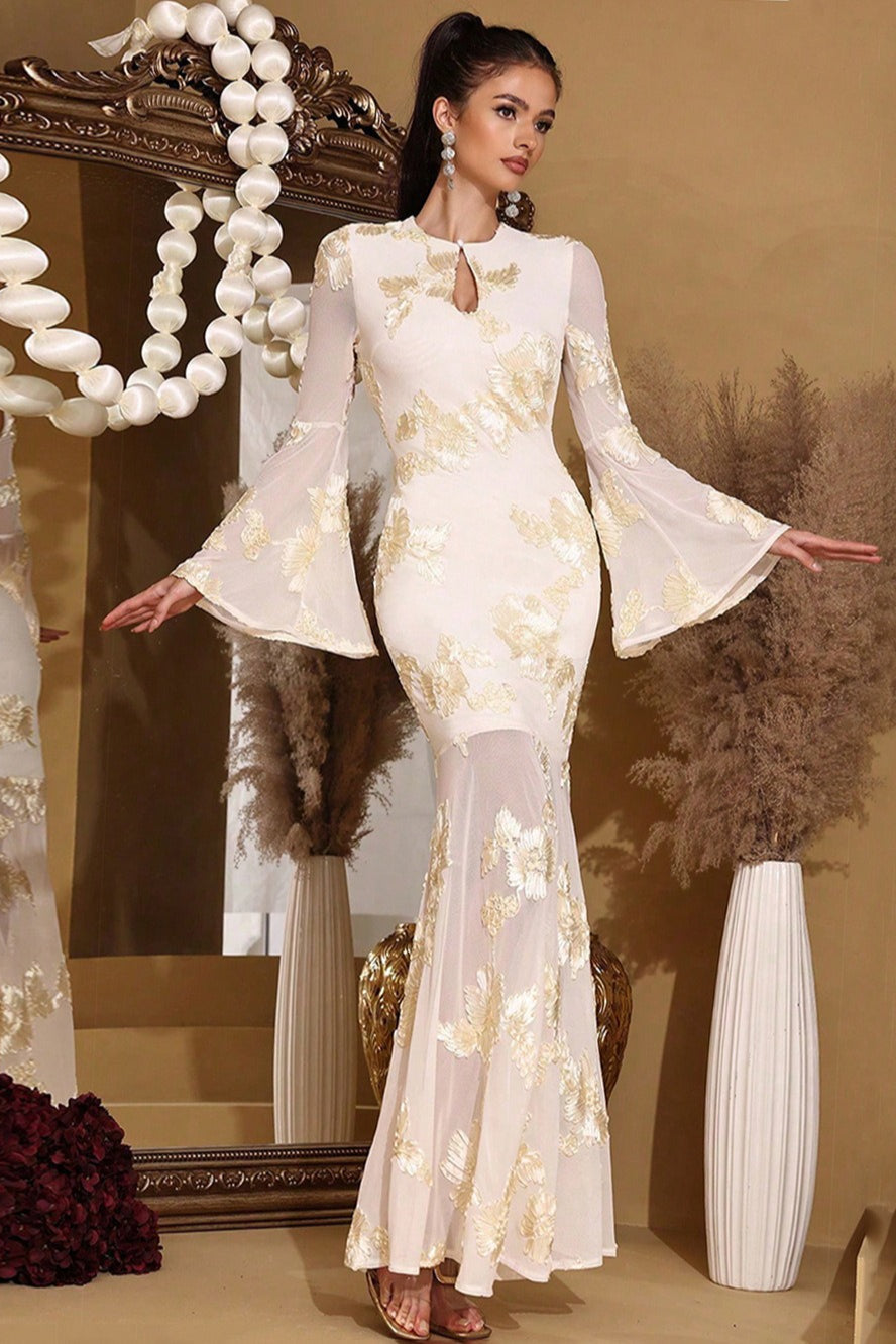 Graceful Embroidered Mesh Trumpet Sleeve Prom Dress