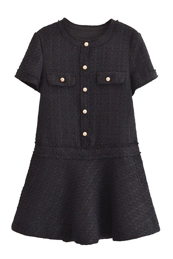 Elevated Rebekah 1960s London Girl Mini Dress in Textured Tweed with Gold Buttons and Short Sleeves and Pockets Boutique Collection