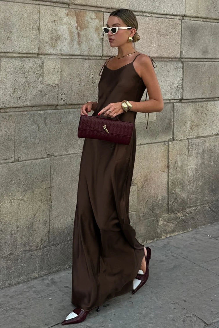 Clacive Trend Loose Brown Satin Maxi Dress