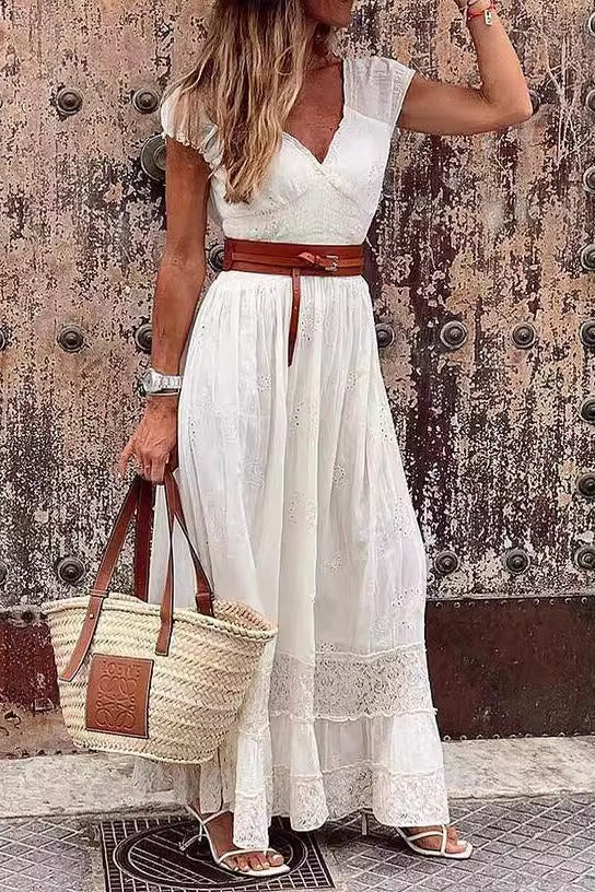 Lace Paneled Refined Formal Maxi Boho Dress