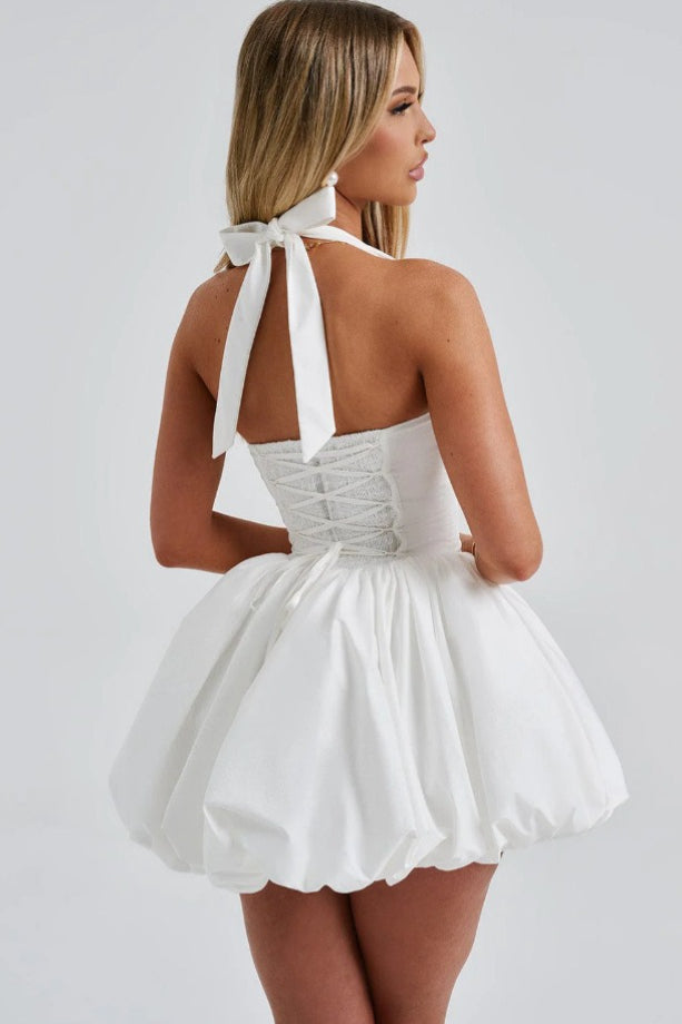 Refined Halter Tie Bow Puffy Hem Mini Dress