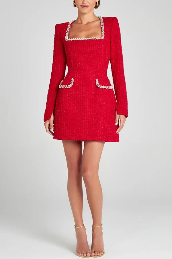 Timeless Lexi Girly and Mini Dress in Tweed Fabric with Beaded Trim, Long Slit Sleeves and Pockets Boutique Collection