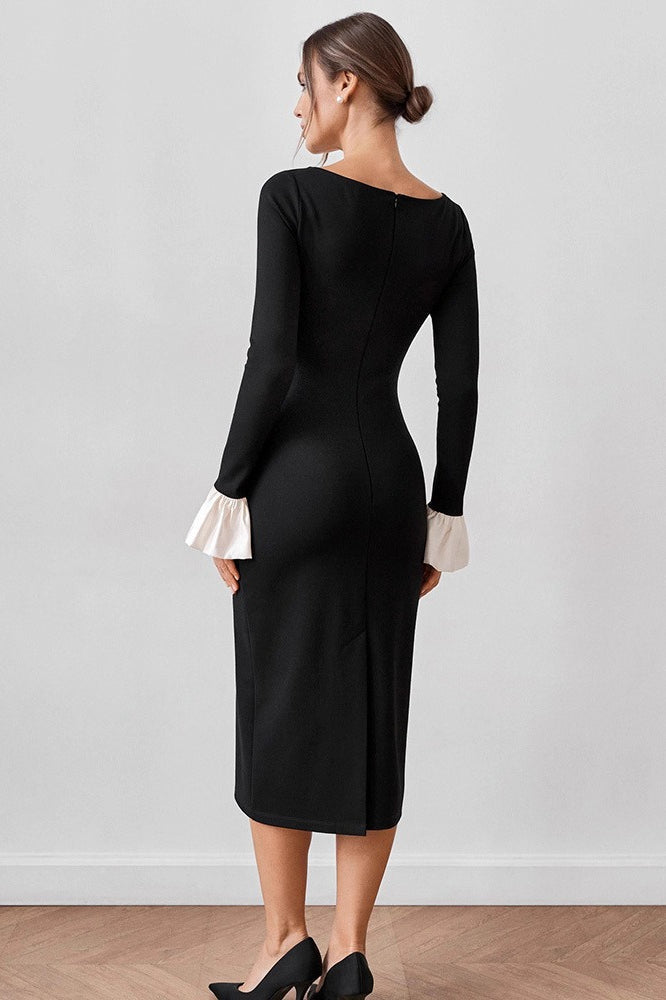 Neck U Lace Panel Midi Dress