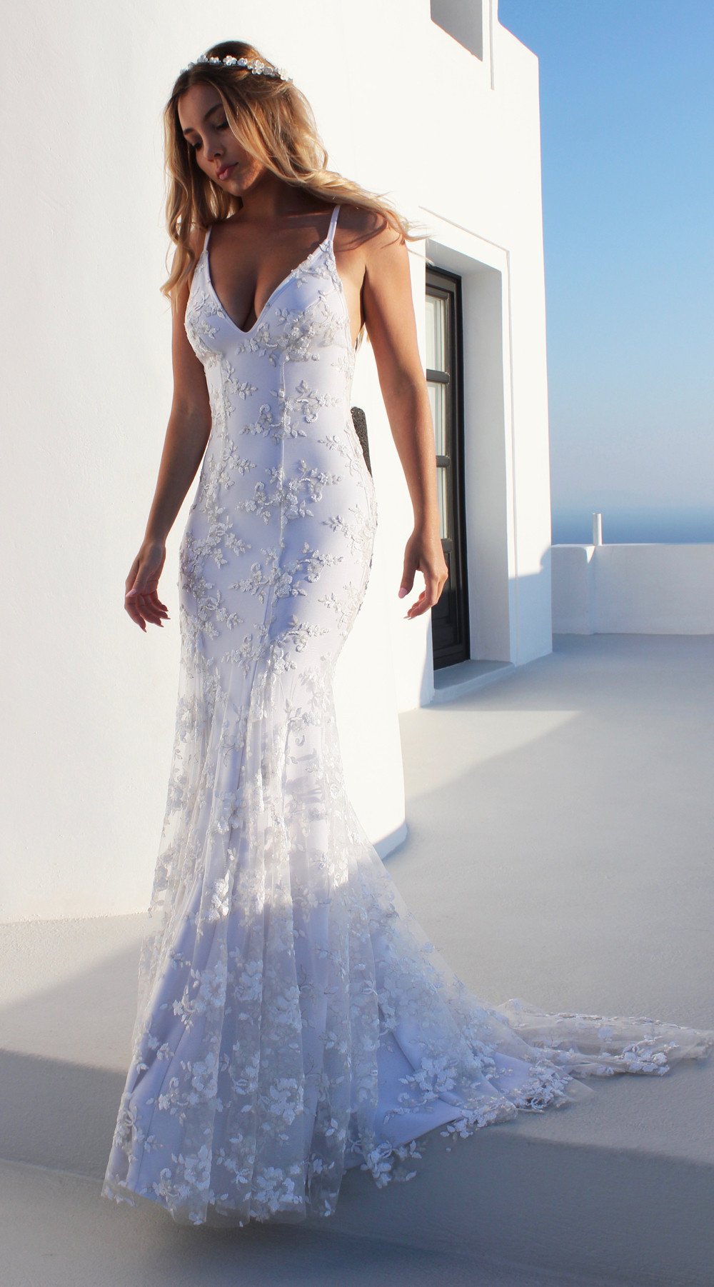 Women Attractive V neck White Cami Maxi Dress