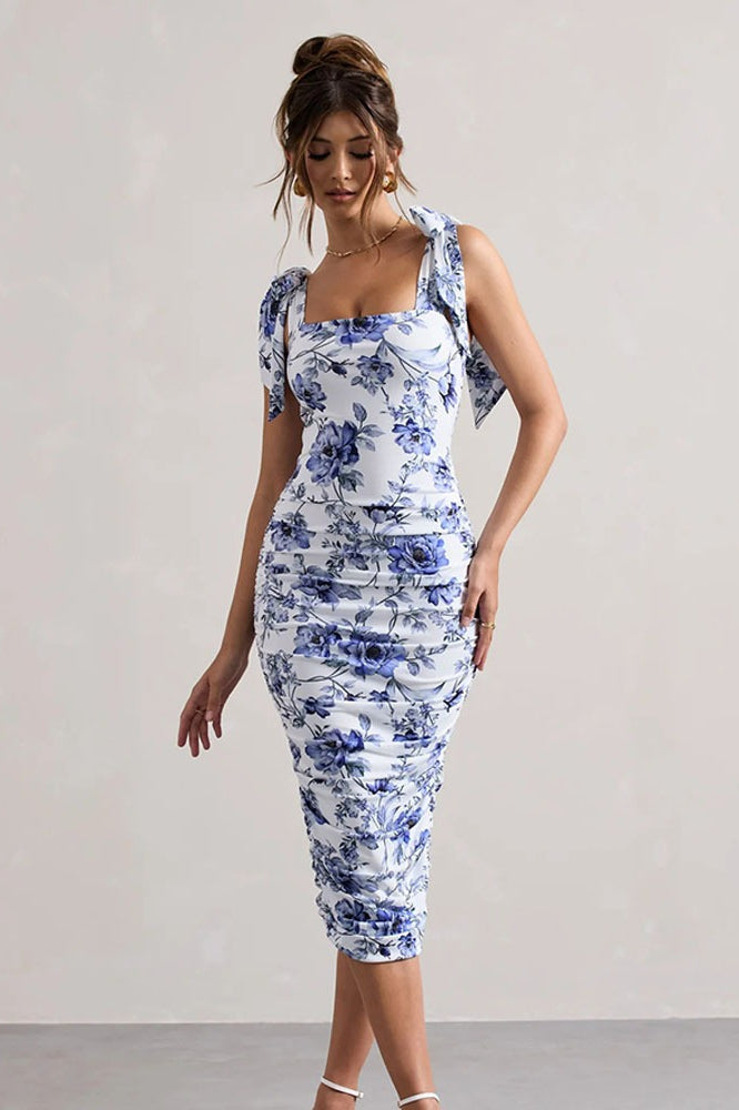 Classic Print Ruched Midi Dress