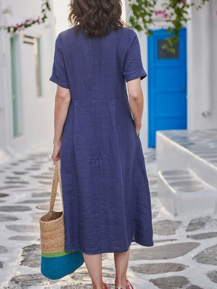 Neck V Linen Button Down Midi Dress with Pocket In Navy