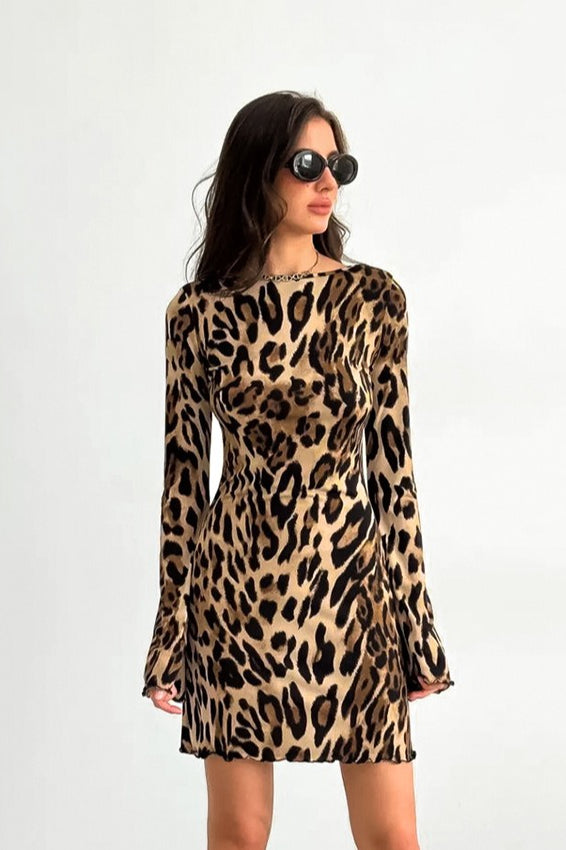 Knit Leopard Round Neck Mini Dress