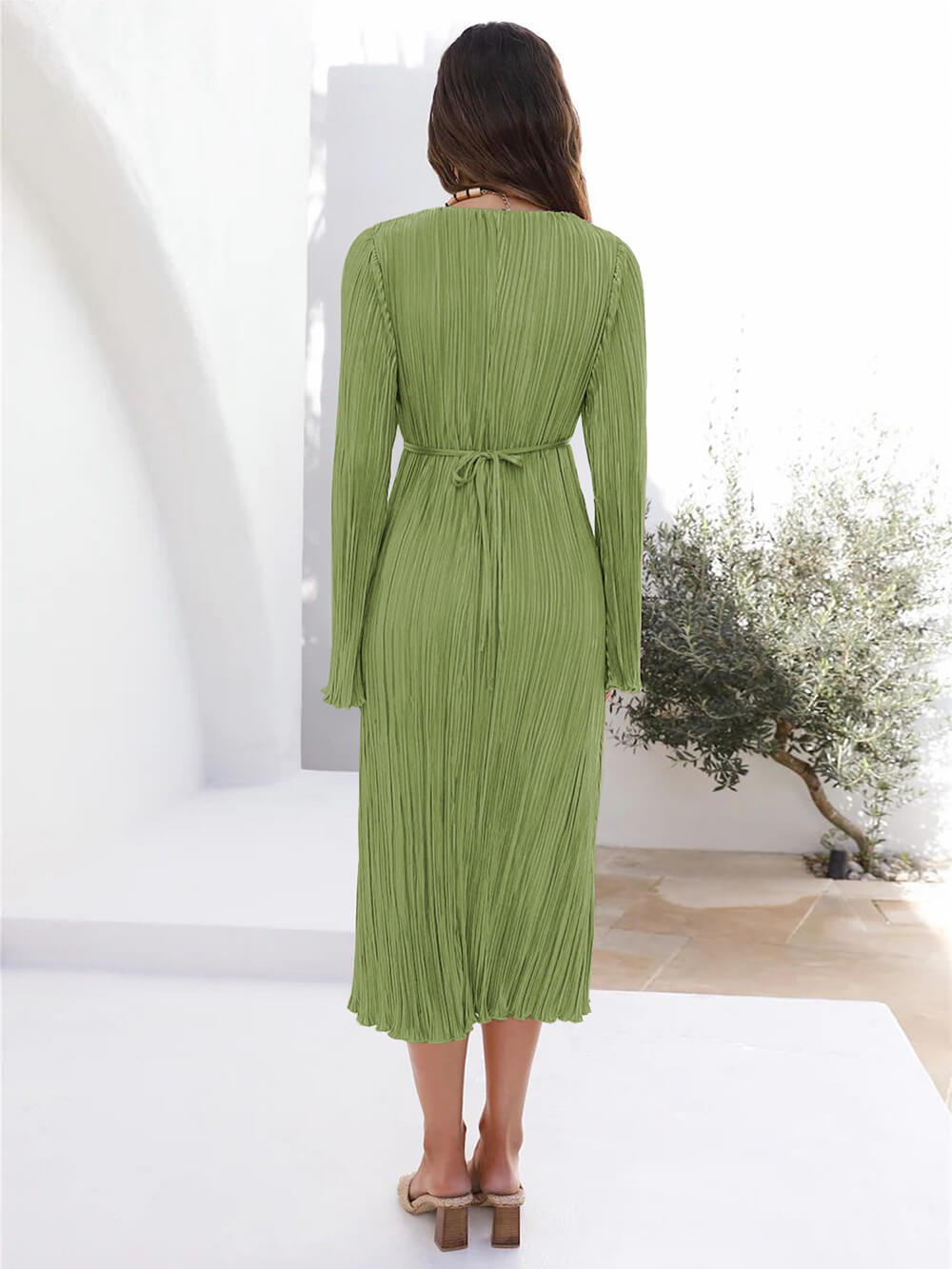 Vistas Mountain Draped Pleated Bell Sleeve Midi Dress