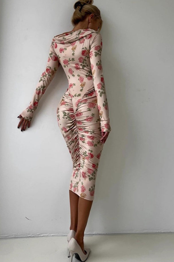 Neck Asymmetrical Ruched Midi Dress