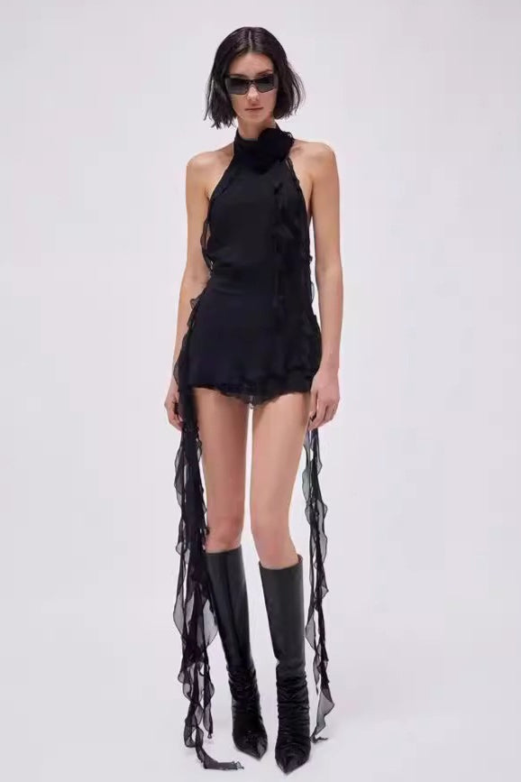 Rose Asymmetric Halter Mini Dress