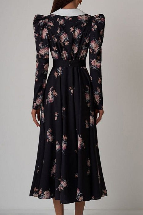 Flared Classic Print Slim Waist Floral Maxi Dress