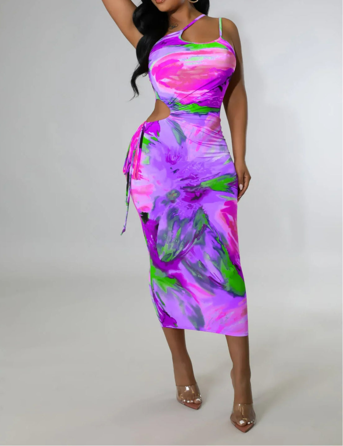 Dye Tie Spaghetti Strap Skew Neck Midi Dress