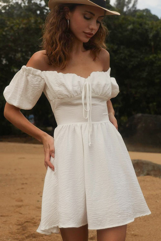 Shoulder Off Tie Waist Mini Dress