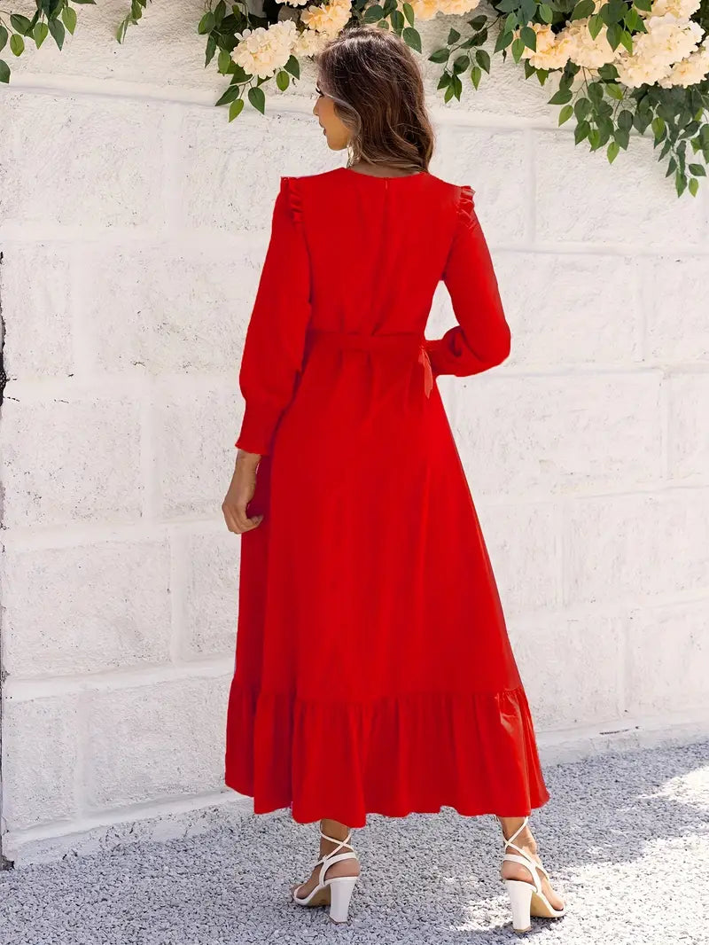 Elvia Minimalist Women's Belted and Flounced Maxi Dress Signature Edit
