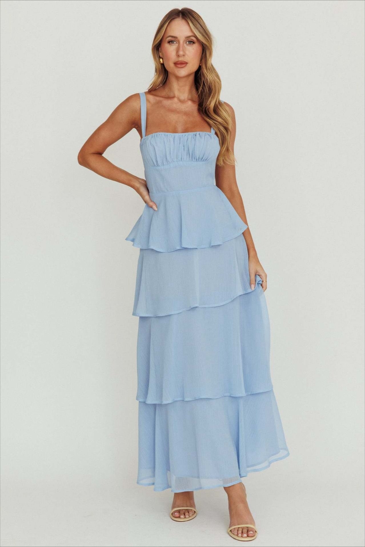 Alluring Backless Halter Tiered Ruched Waist Maxi Prom Dress