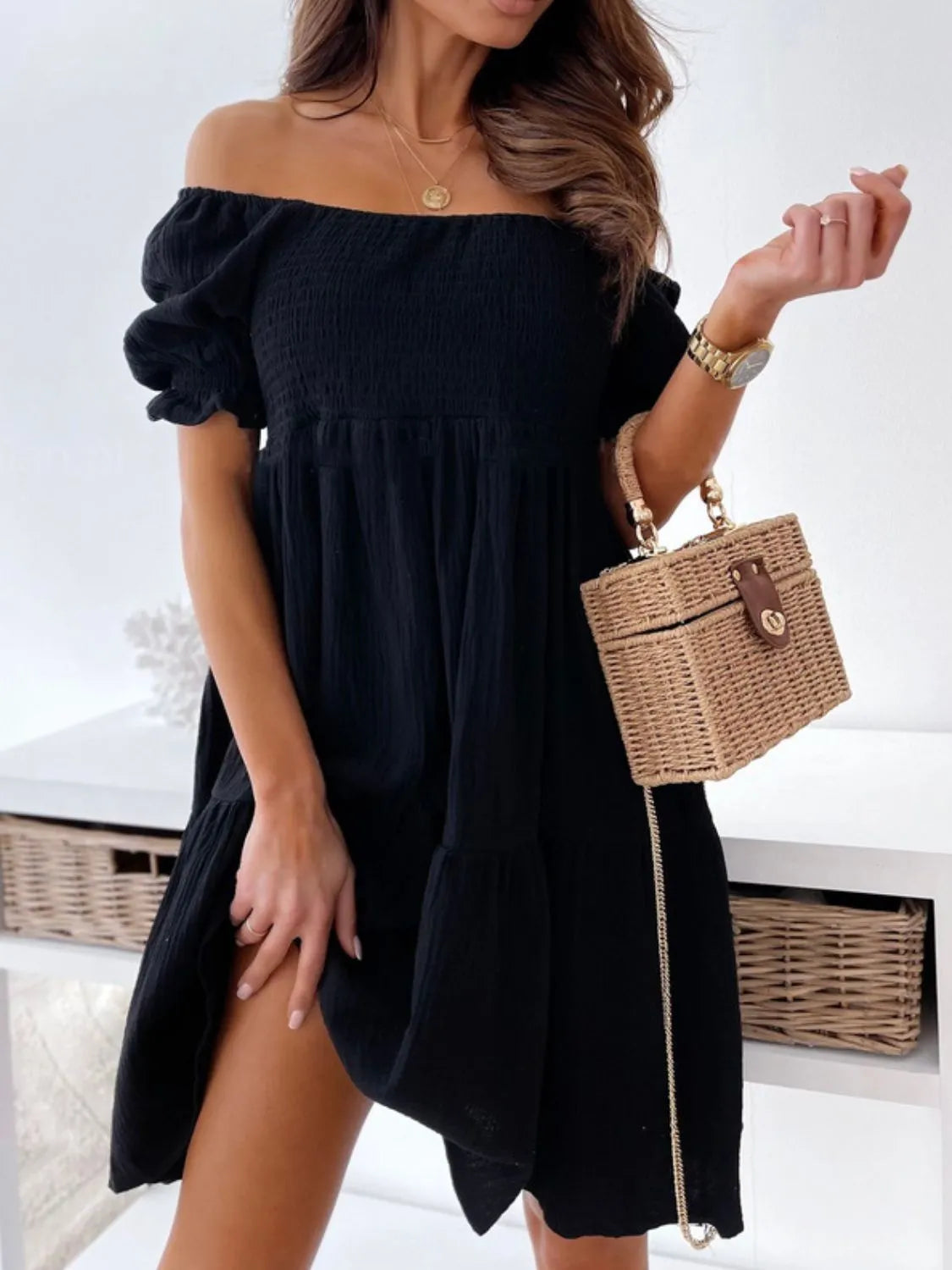 Premium Clara Off the Shoulder Short Sleeved Mini Dress Boutique Collection
