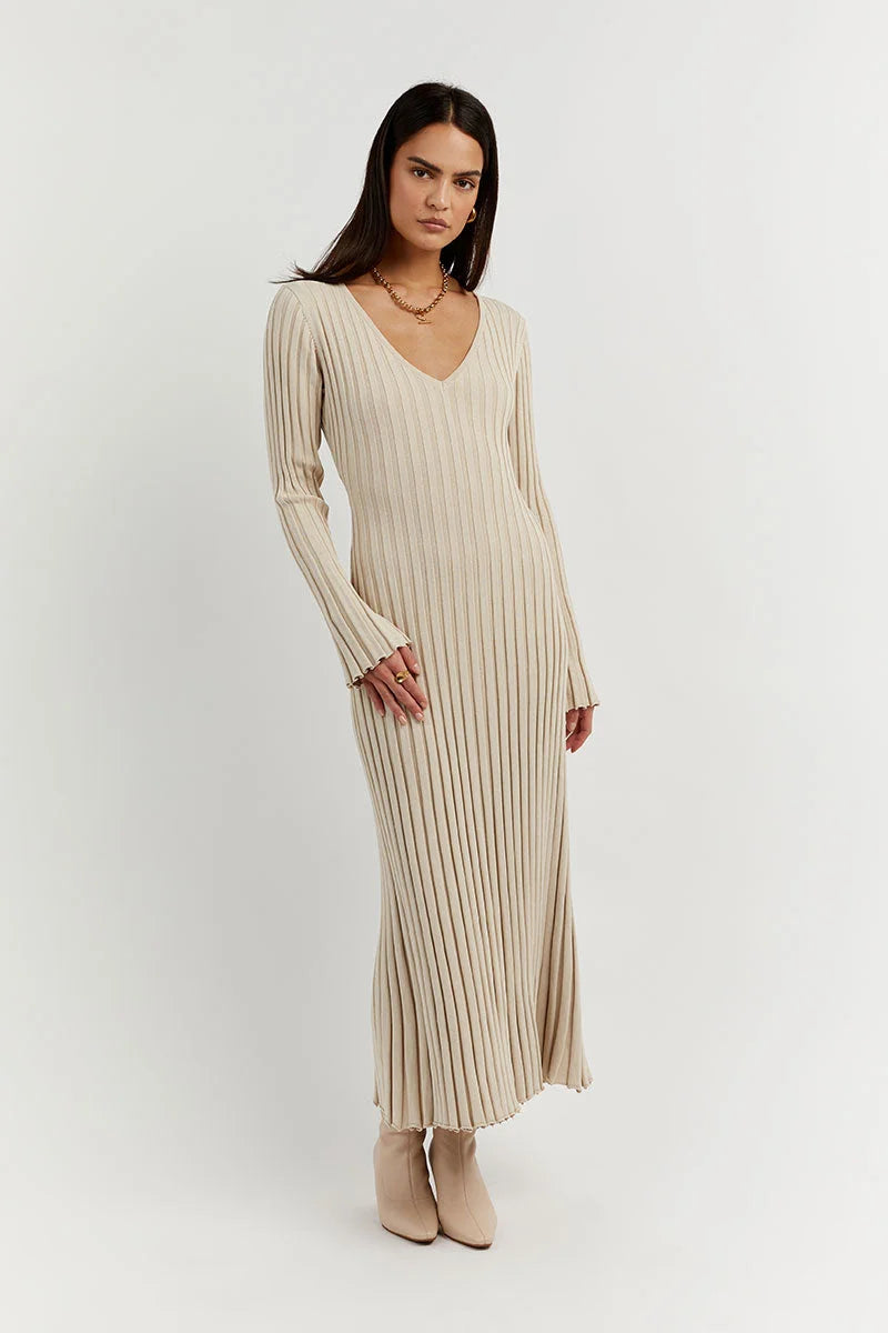 Timeless Sasha Knitted Midi Dress with V Neck and Sleeves Evening Wear Edit