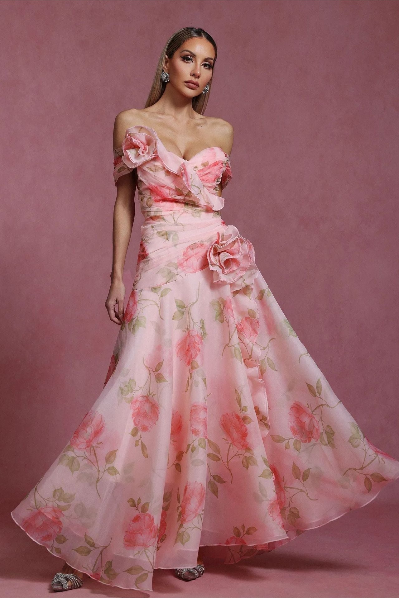 V Neck 3D Detail Chic Maxi Floral Dress