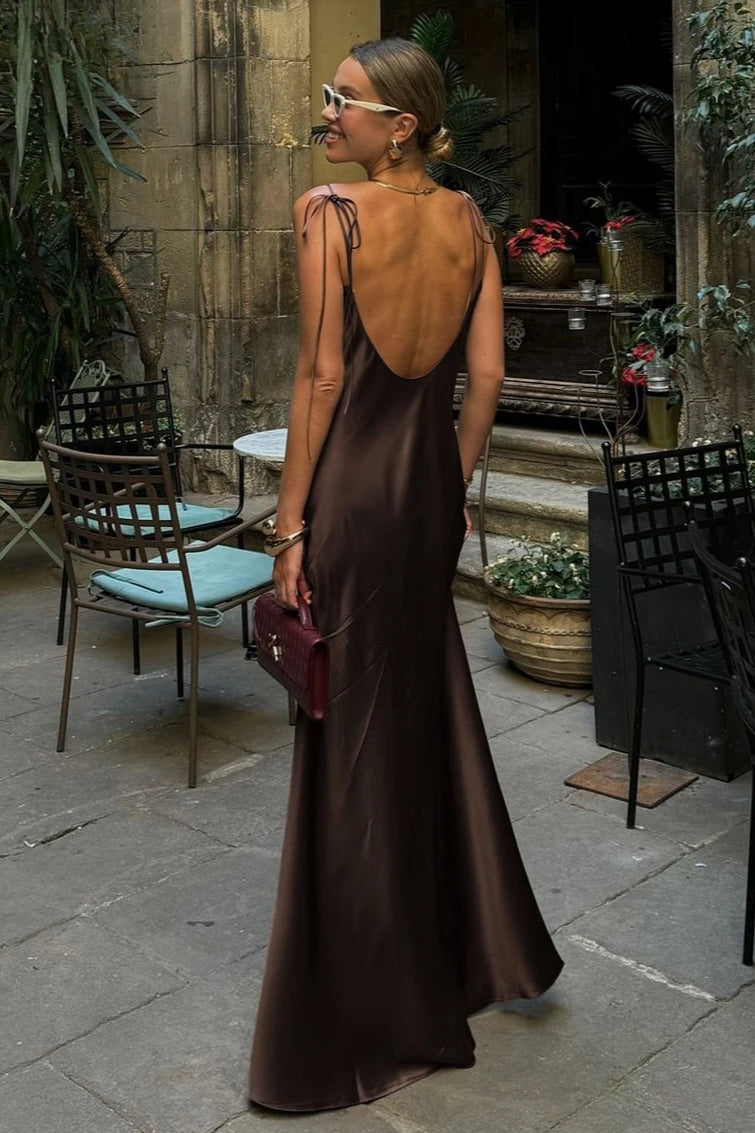 Clacive Trend Loose Brown Satin Maxi Dress