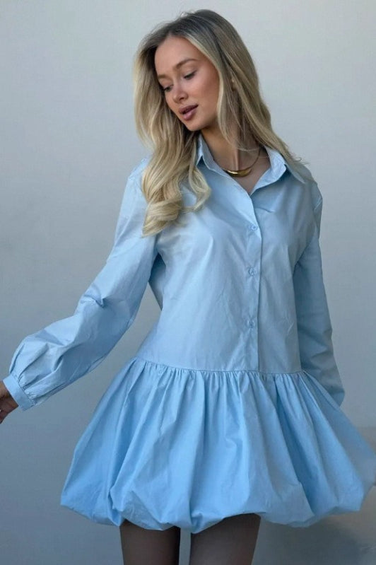 Sleeve Puff Buttoned Mini Dress
