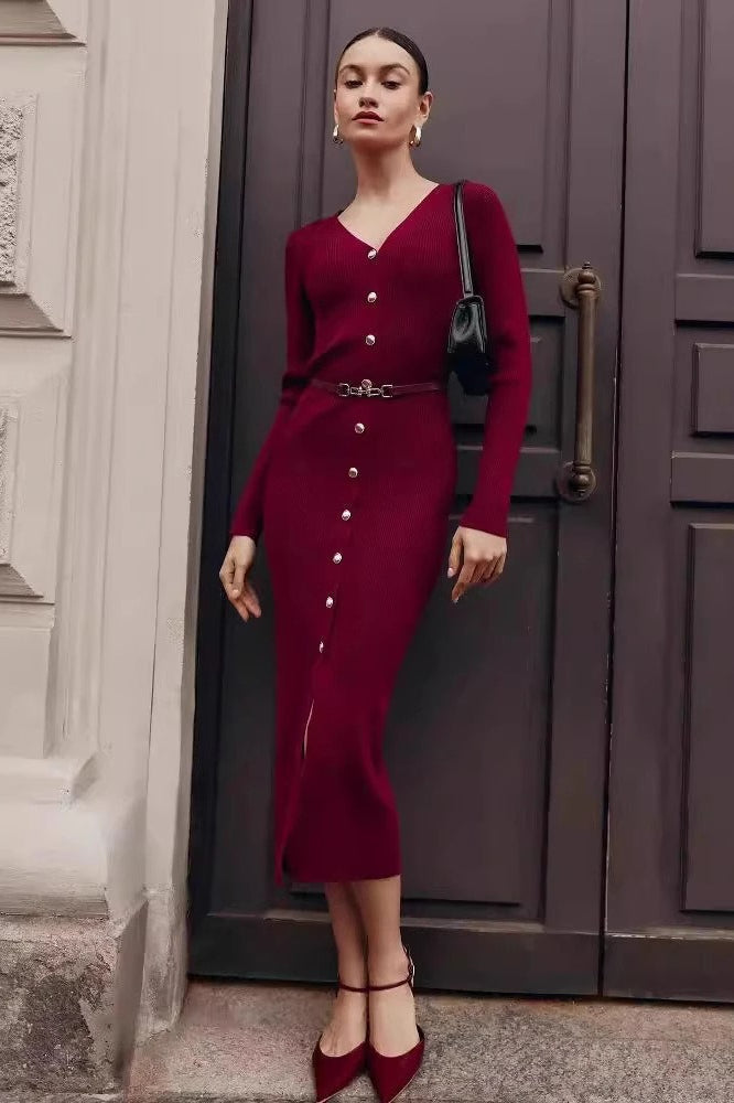 Knit Slim Long Sleeve Midi Dress