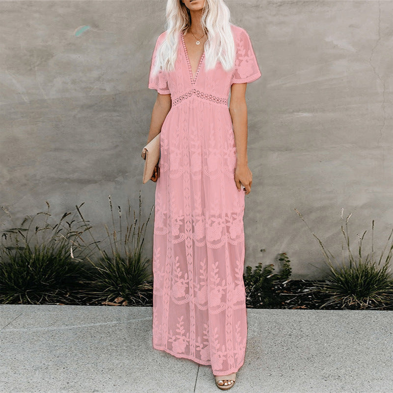Chic V-neck High Waist Embroidered Lace Maxi Dress Real Shot