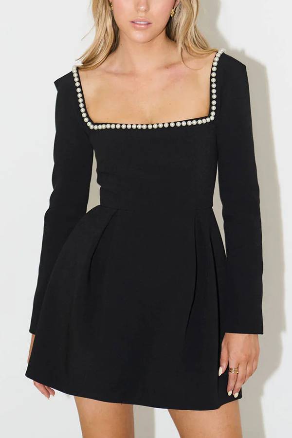 Chic Lena Beaded Long Sleeve Mini Dress with Square Neckline Elevated Occasion Wear