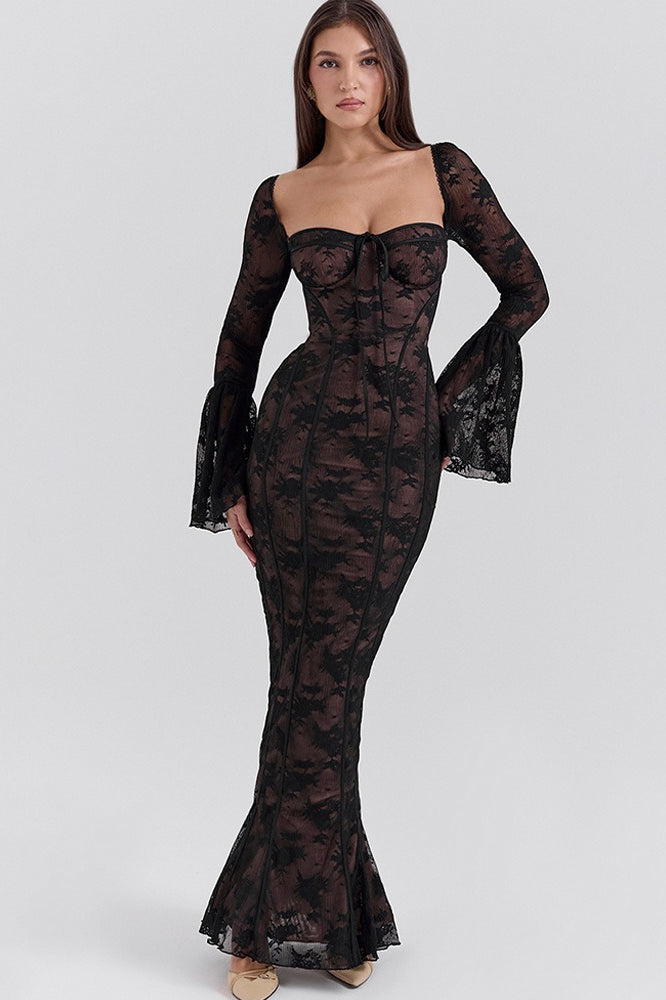 Bodycon Edition Lace Flare Sleeve Maxi Dress