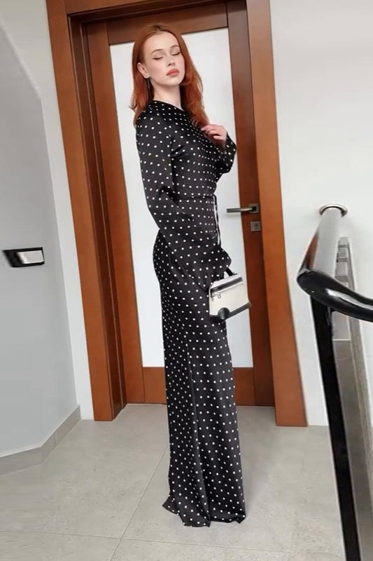 Polka Dot Black Lengthy Sleeve Waist Tie Maxi Dress