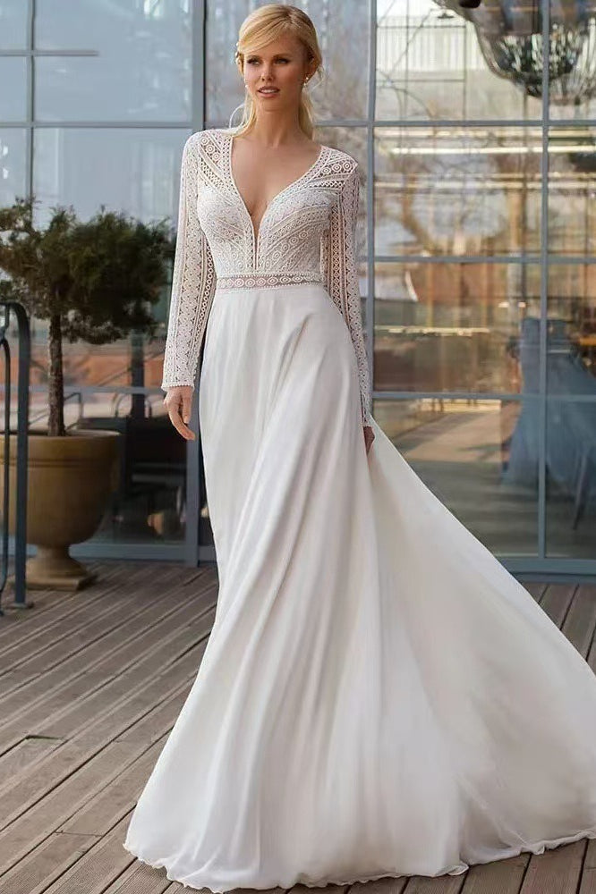 Extended Sleeve Lace Train Wedding Dress