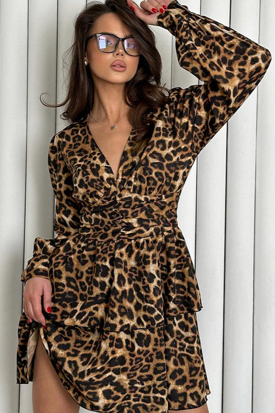 Print Leopard V Neck Ruffle Mini Dress