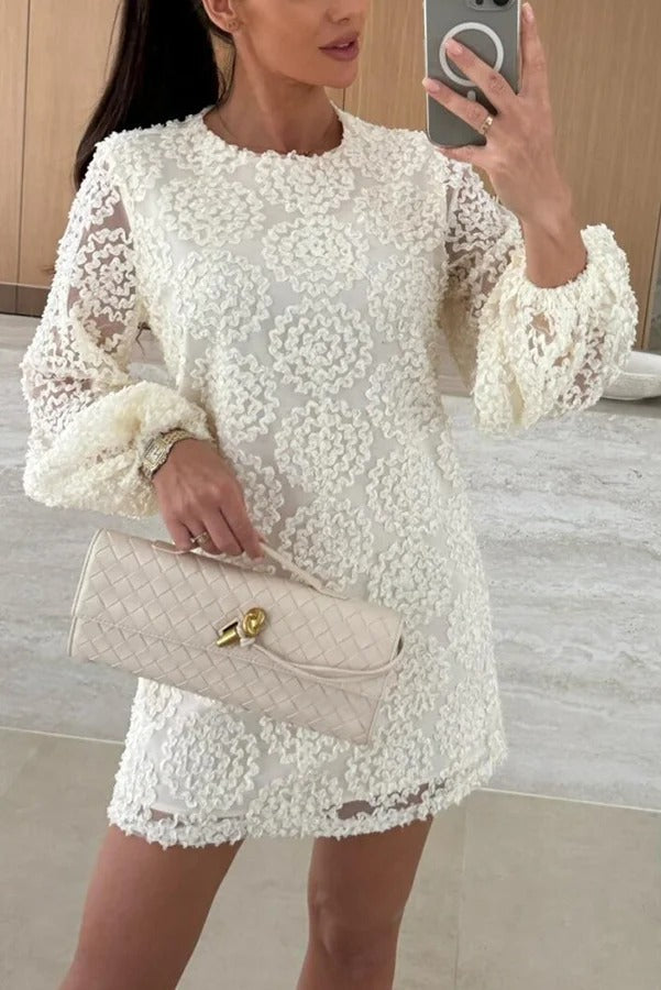 Aesthetic Kimberly Loose Mini Dress with Balloon Sleeves Made From Lace Textured Fabric Elevated Occasion Wear