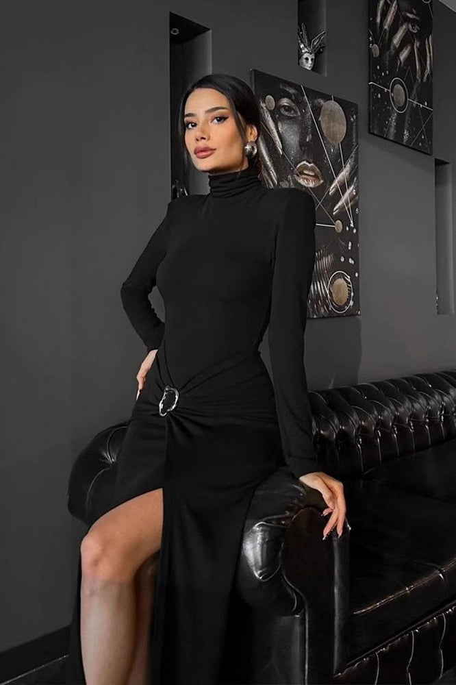 Neck High Ruched Split Midi Dress