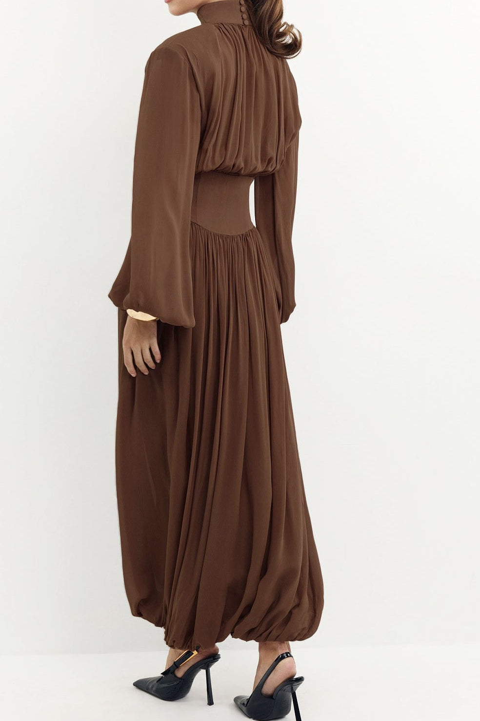 Puff Chiffon Sleeve Ruched Midi Dress