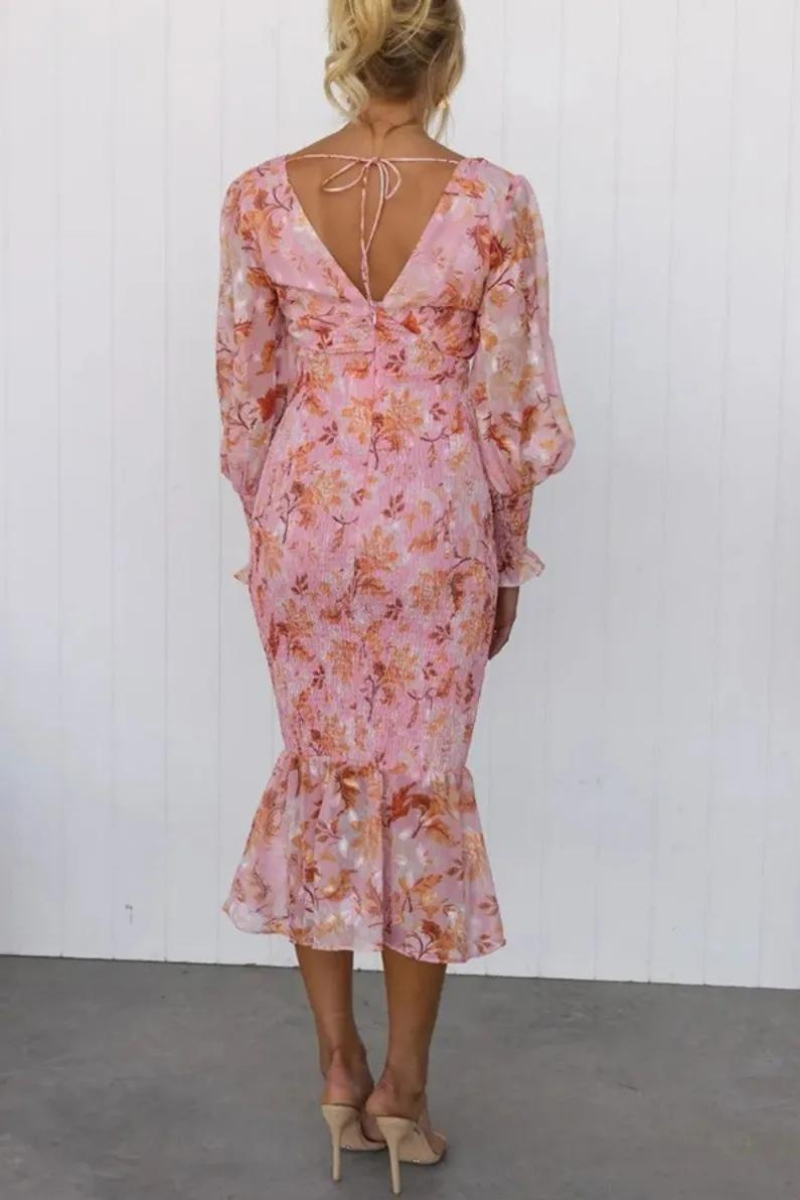 Rafaela Aesthetic Flower Print Midi Dress Elevated Occasion Wear