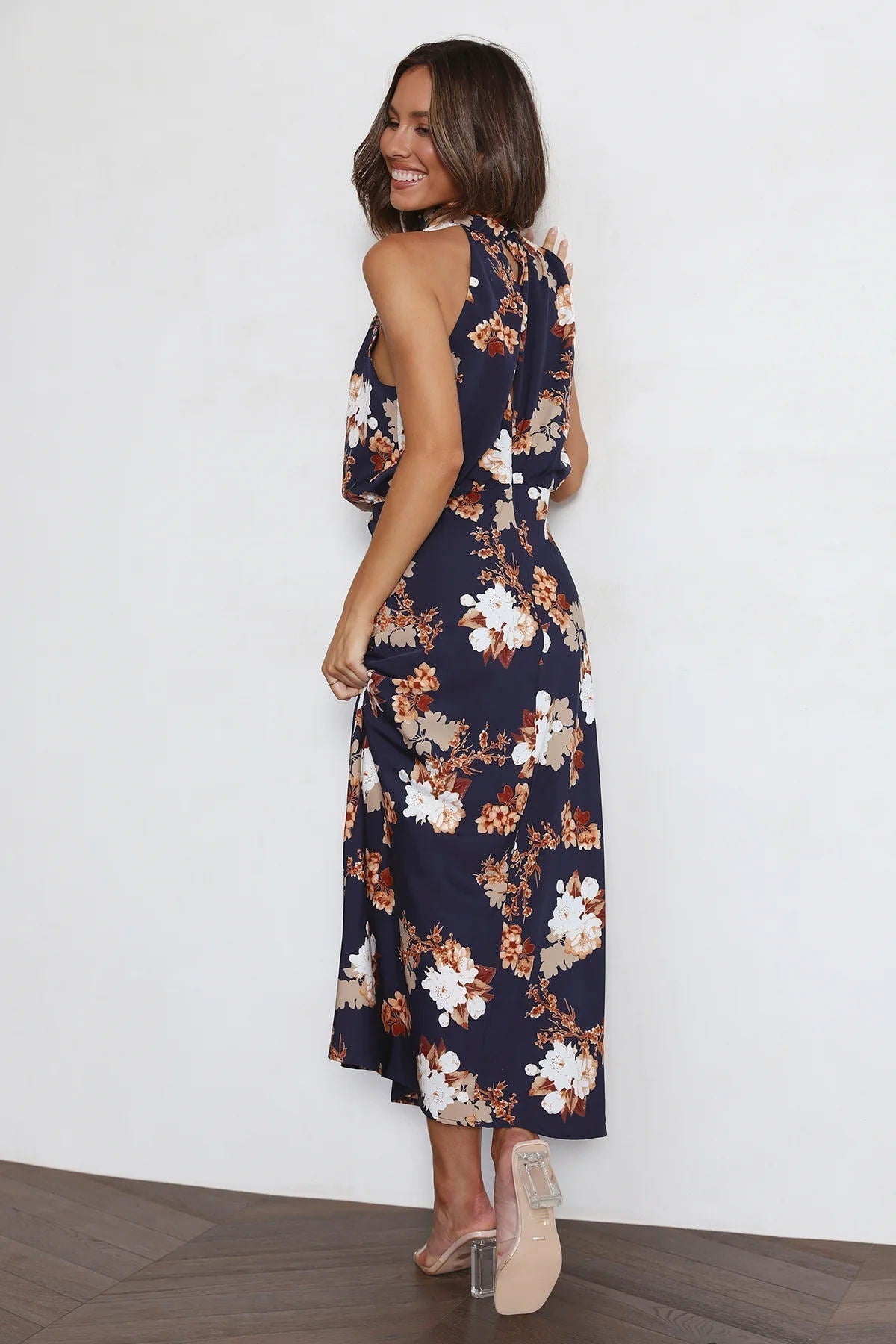 Wine Country Dates Bloom Halter Neck Elastic Waist Maxi Dress