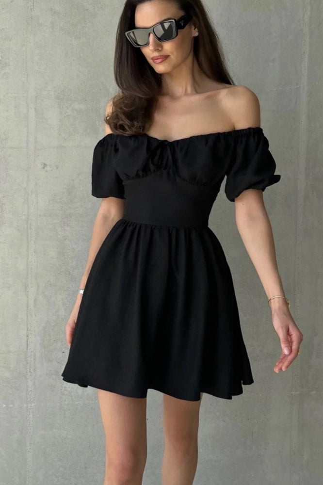 Shoulder Off Tie Waist Mini Dress