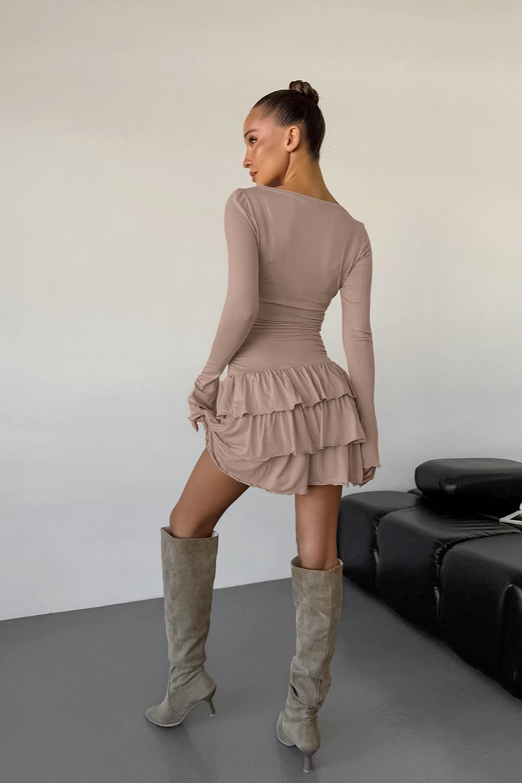 Waist Ruffle Round Neck Mini Dress
