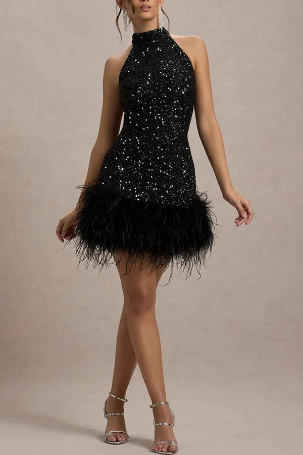 Minimalist Kate Iridescent and Playful Stretch Mini Dress with High Neck Sequin Trim and Feather Statement Occasion Edit