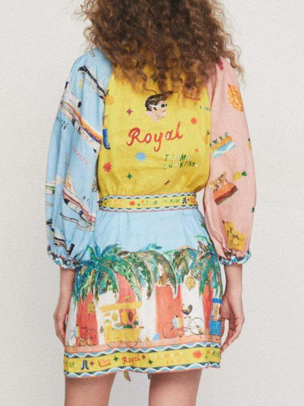Unique Satin Art Flower Print Tie Pocket Shirt Mini Dress