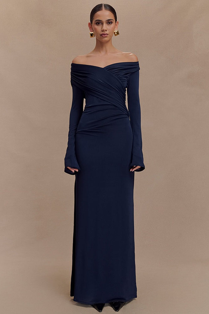 VNeck Shaped Fit Ruched Maxi Dress