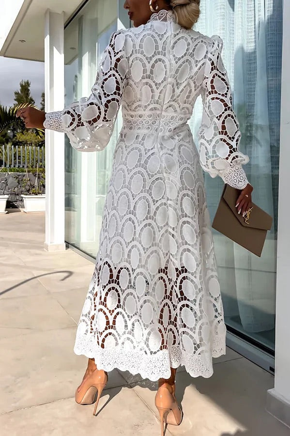 Premium Francisca Romantic, Sensual and Party Midi Dress with Crochet Lace and Lantern Sleeves Chic Silhouette Collection